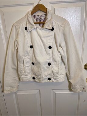 Tommy Hilfiger Women's Double-Breasted White Jean Jacket with Black Buttons